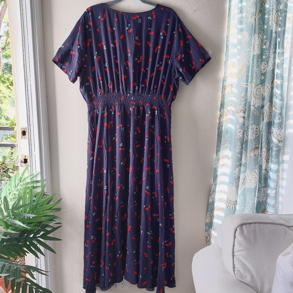NAVY WITH WIMSICAL CHERRY PRINT MAXI / MIDI BUTTON FRONT DRESS - Picture 4 of 11